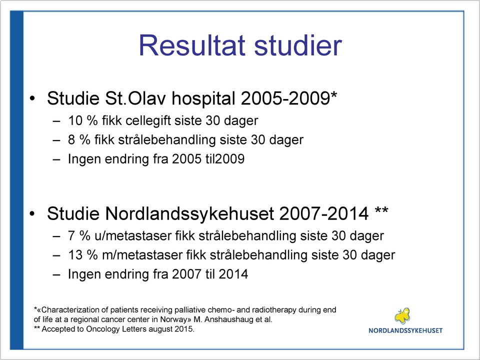 Studie Nordlandssykehuset 2007-2014 ** 7 % u/metastaser fikk strålebehandling siste 30 dager 13 % m/metastaser fikk strålebehandling