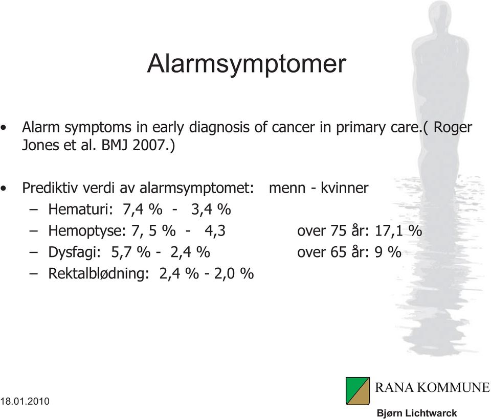 ) Prediktiv verdi av alarmsymptomet: menn - kvinner Hematuri: 7,4 % -