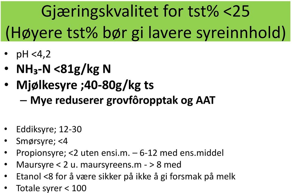 Smørsyre; <4 Propionsyre; <2 uten ensi.m. 6-12 med ens.middel Maursyre < 2 u.