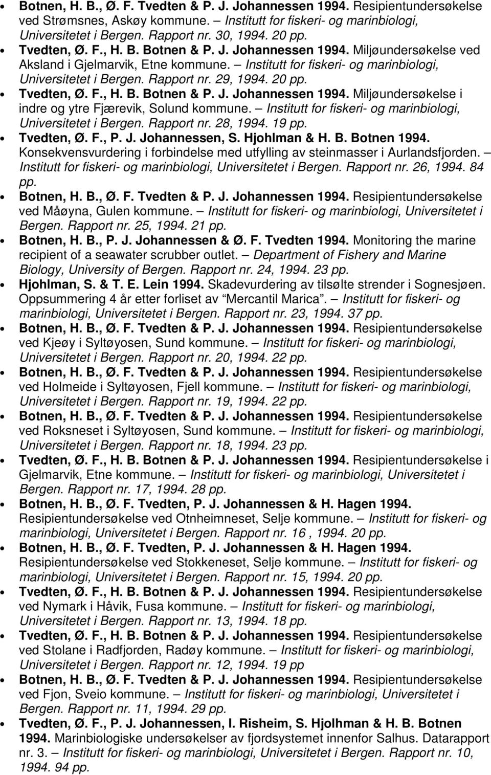 29, 1994. 20 Tvedten, Ø. F., H. B. Botnen & P. J. Johannessen 1994. Miljøundersøkelse i indre og ytre Fjærevik, Solund kommune. Institutt for fiskeri- og marinbiologi, Universitetet i Bergen.