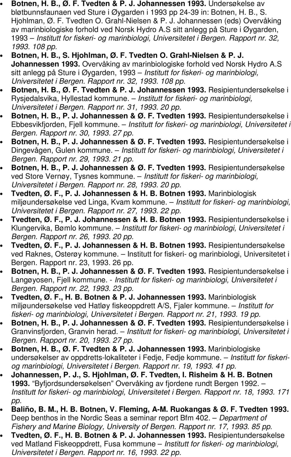 Johannessen 1993. Overvåking av marinbiologiske forhold ved Norsk Hydro A.S sitt anlegg på Sture i Øygarden, 1993 Institutt for fiskeri- og marinbiologi, Universitetet i Bergen. Rapport nr. 32, 1993.