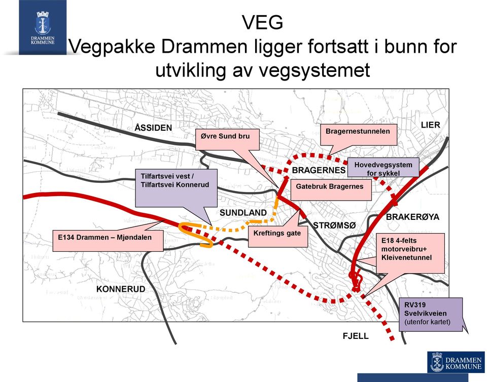 Hovedvegsystem for sykkel E134 Drammen Mjøndalen SUNDLAND Kreftings gate STRØMSØ BRAKERØYA E18