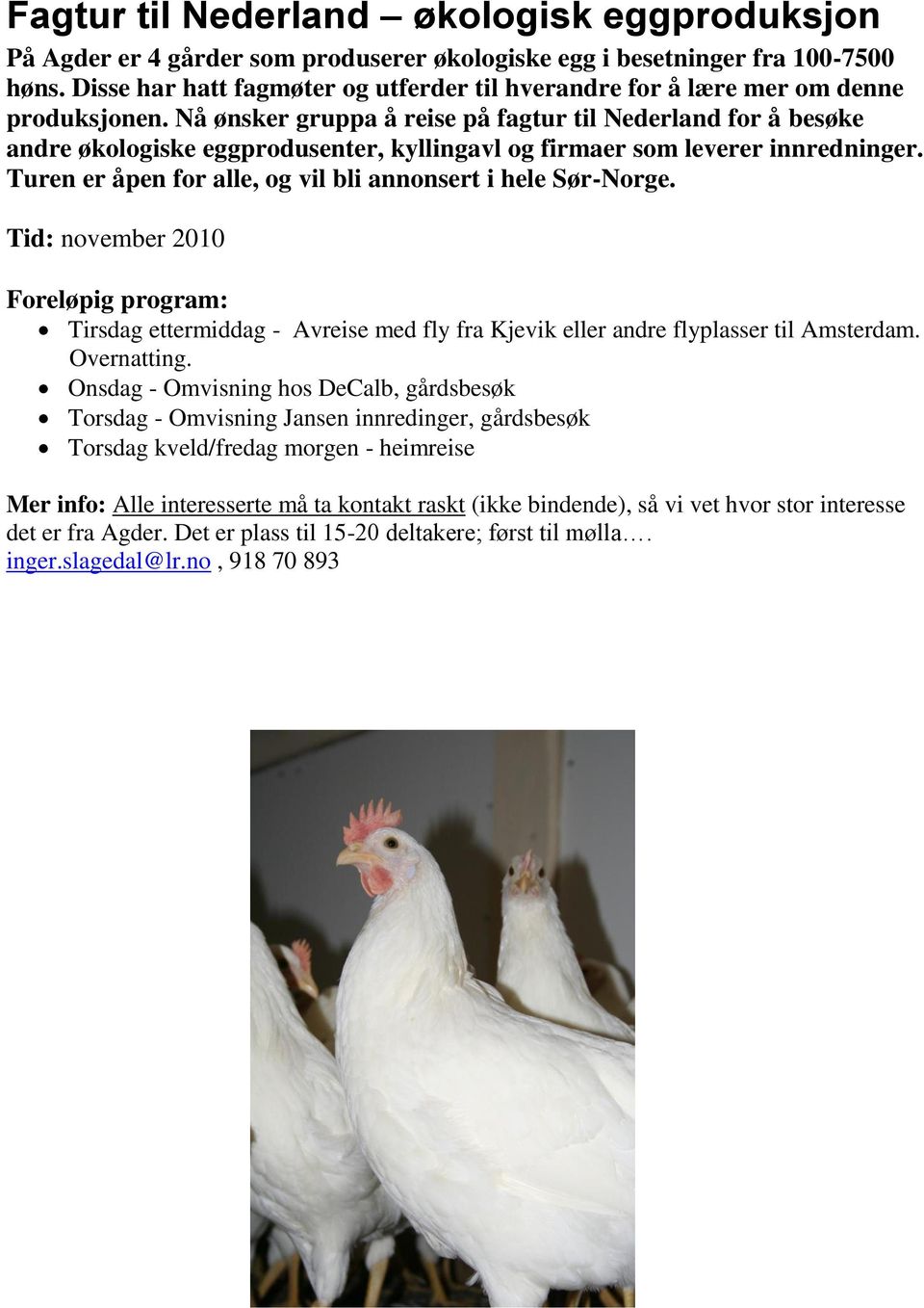 Nå ønsker gruppa å reise på fagtur til Nederland for å besøke andre økologiske eggprodusenter, kyllingavl og firmaer som leverer innredninger.