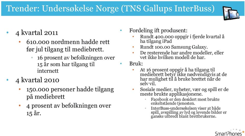 Fordeling ift produsent: Rundt 400.000 oppgir i fjerde kvartal å ha tilgang ipad Rundt 100.00 Samsung Galaxy. De resterende har andre modeller, eller vet ikke hvilken modell de har.