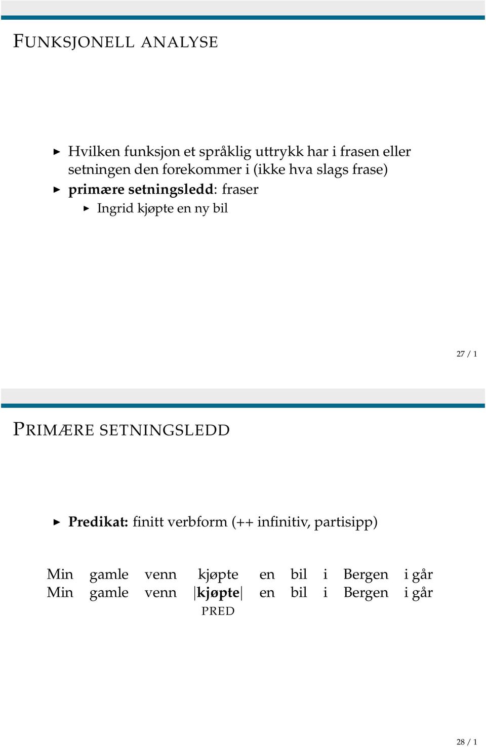 27 / 1 PRIMÆRE SETNINGSLEDD Predikat: finitt verbform (++ infinitiv, partisipp) Min gamle