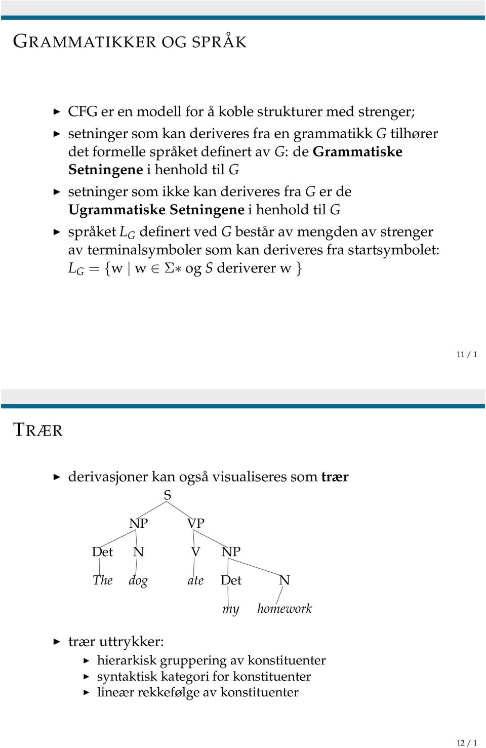 mengden av strenger av terminalsymboler som kan deriveres fra startsymbolet: L G = {w w Σ og S deriverer w } 11 / 1 TRÆR derivasjoner kan også visualiseres som trær S NP