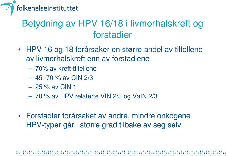 kreft-tilfellene 45-70 % av CIN 2/3 25 % av CIN 1 70 % av HPV relaterte VIN 2/3 og