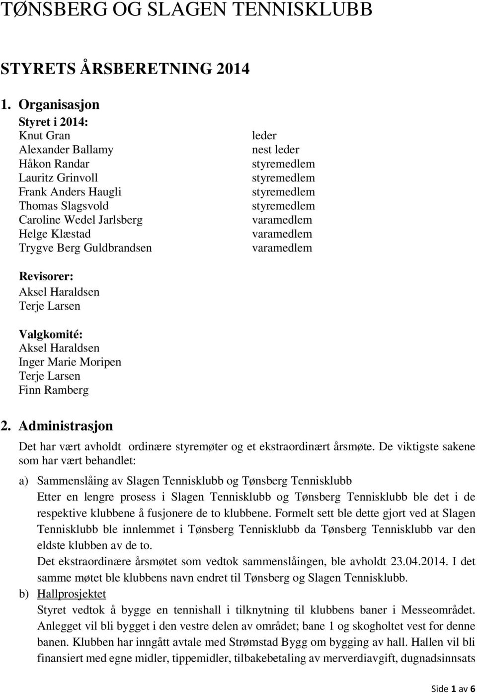 leder varamedlem varamedlem varamedlem Revisorer: Aksel Haraldsen Terje Larsen Valgkomité: Aksel Haraldsen Inger Marie Moripen Terje Larsen Finn Ramberg 2.