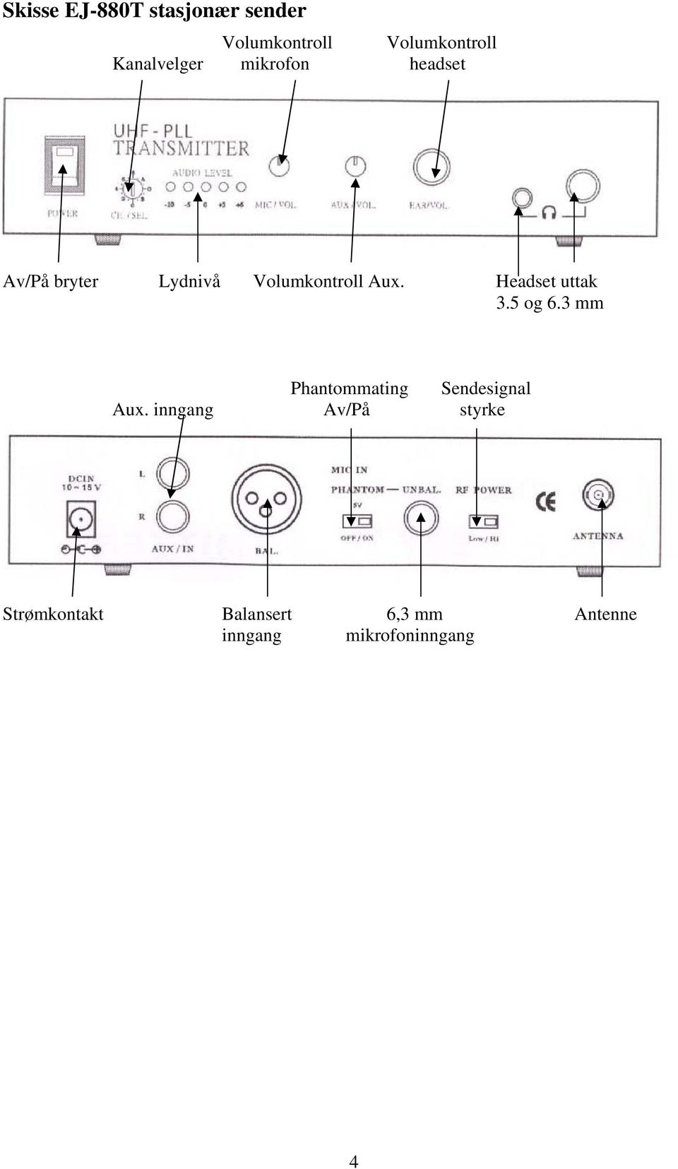 Headset uttak 3.5 og 6.3 mm Phantommating Sendesignal Aux.