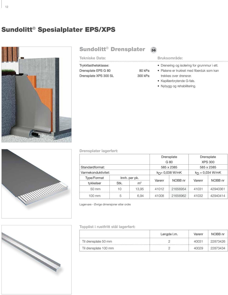 Drensplater lagerført: Drensplate G 80 Drensplate XPS 300 Standardformat: 585 x 2385 585 x 2385 Varmekonduktivitet: k D = 0,038 W/mK k D = 0,034 W/mK /Format Innh. per pk. tykkelser Stk.