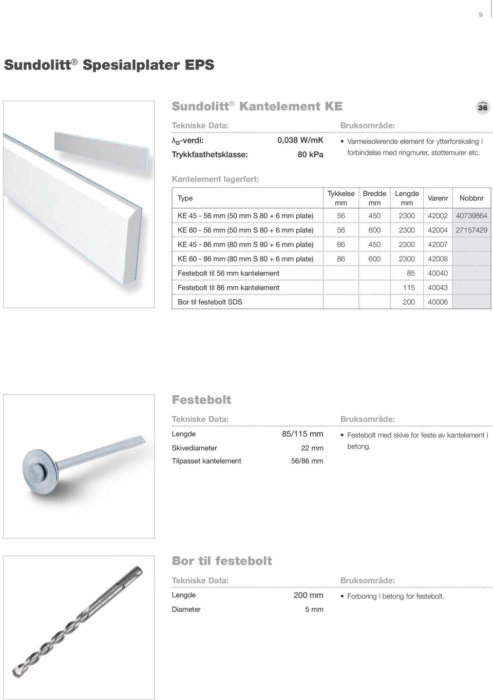 86 450 2300 42007 KE 60-86 (80 S 80 + 6 plate) 86 600 2300 42008 Festebolt til 56 kantelement 85 40040 Festebolt til 86 kantelement 115 40043 Bor til festebolt SDS 200 40006 Festebolt