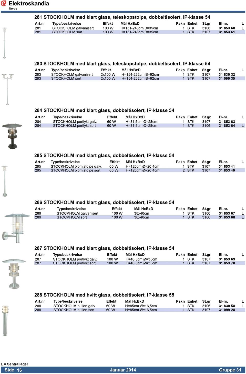 H=154-252cm B=92cm 1 STK 3107 31 099 35 284 STOCKHOLM med klart glass, dobbeltisolert, IP-klasse 54 284 STOCKHOLM portlykt galv.