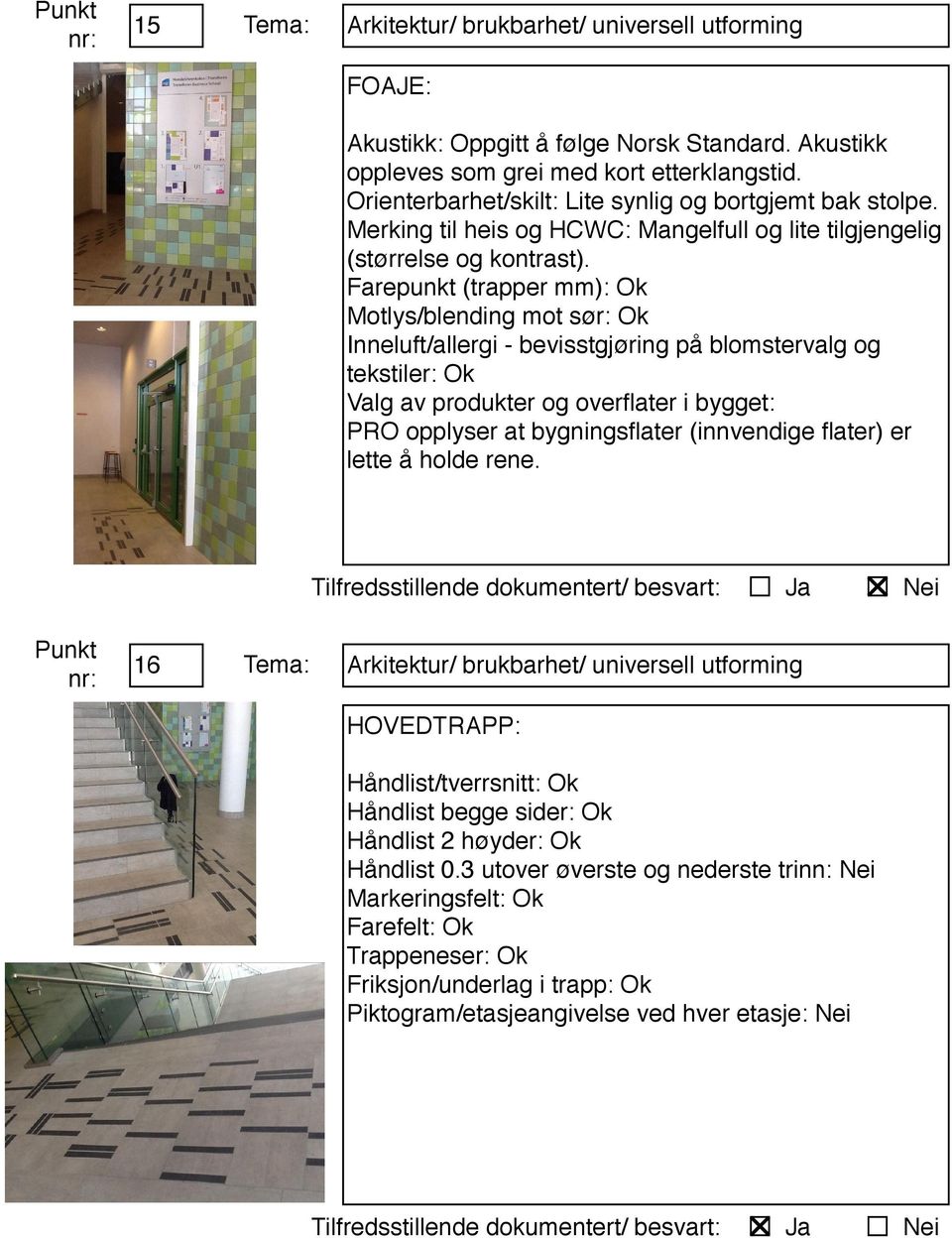 Farepunkt (trapper mm): Ok Motlys/blending mot sør: Ok Inneluft/allergi - bevisstgjøring på blomstervalg og tekstiler: Ok Valg av produkter og overflater i bygget: PRO opplyser at bygningsflater