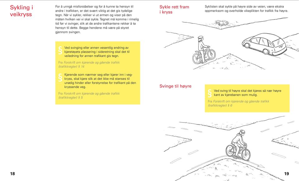 Begge hendene må være på styret gjennom svingen. Sykle rett fram i kryss Syklisten skal sykle på høyre side av veien, være ekstra oppmerksom og overholde vikeplikten for trafikk fra høyre.