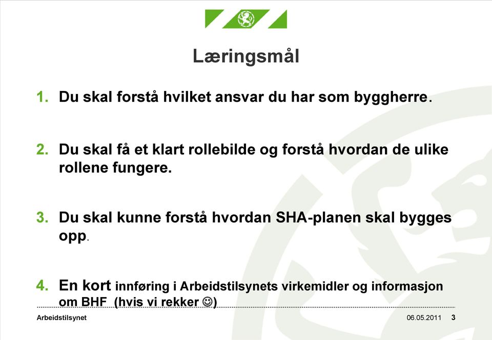 3. Du skal kunne forstå hvordan SHA-planen skal bygges opp. 4.