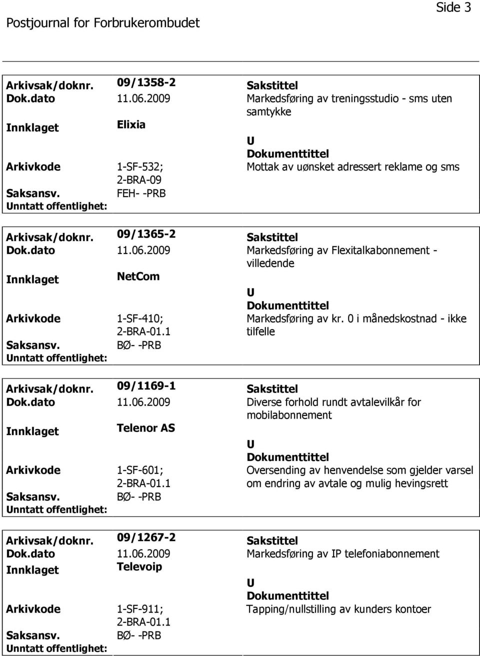 2009 Markedsføring av Flexitalkabonnement - villedende nnklaget NetCom 1-SF-410; 2-BRA-01.1 BØ- -PRB Markedsføring av kr. 0 i månedskostnad - ikke tilfelle Arkivsak/doknr. 09/1169-1 Sakstittel Dok.