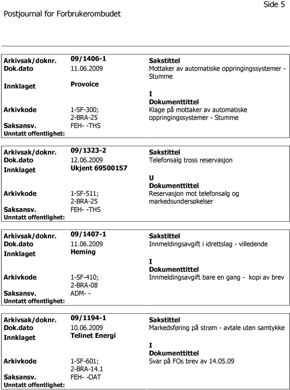 2009 Mottaker av automatiske oppringingssystemer - Stumme nnklaget Provoice 1-SF-300; FEH- -THS Klage på mottaker av automatiske oppringingssystemer - Stumme Arkivsak/doknr.