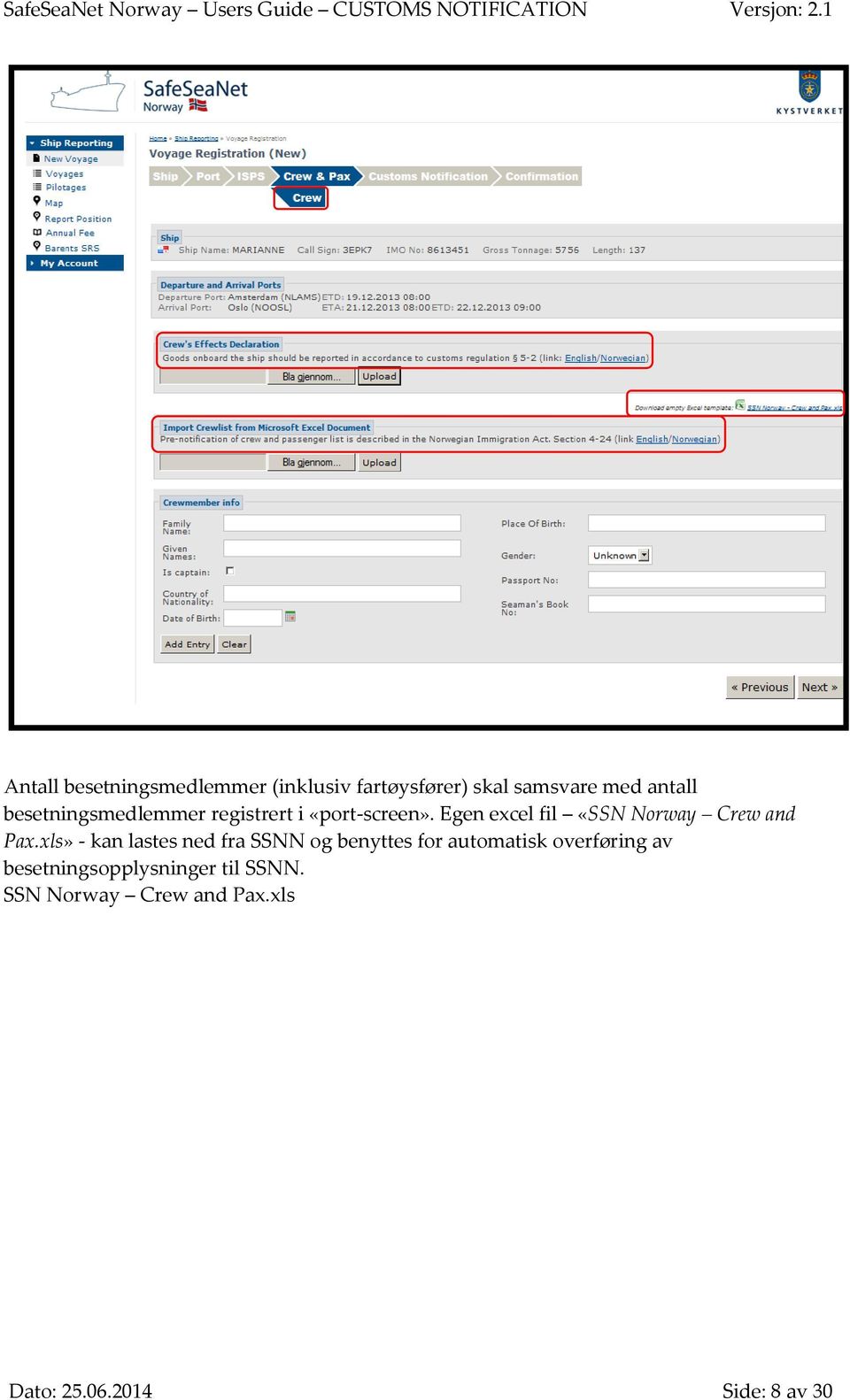 Egen excel fil «SSN Norway Crew and Pax.