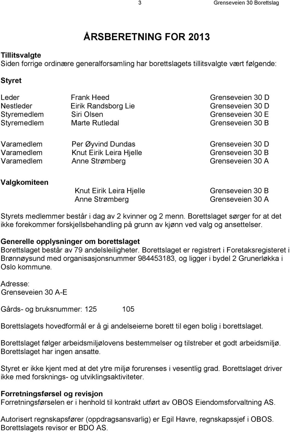 Leira Hjelle Grenseveien 30 B Varamedlem Anne Strømberg Grenseveien 30 A Valgkomiteen Knut Eirik Leira Hjelle Anne Strømberg Grenseveien 30 B Grenseveien 30 A Styrets medlemmer består i dag av 2