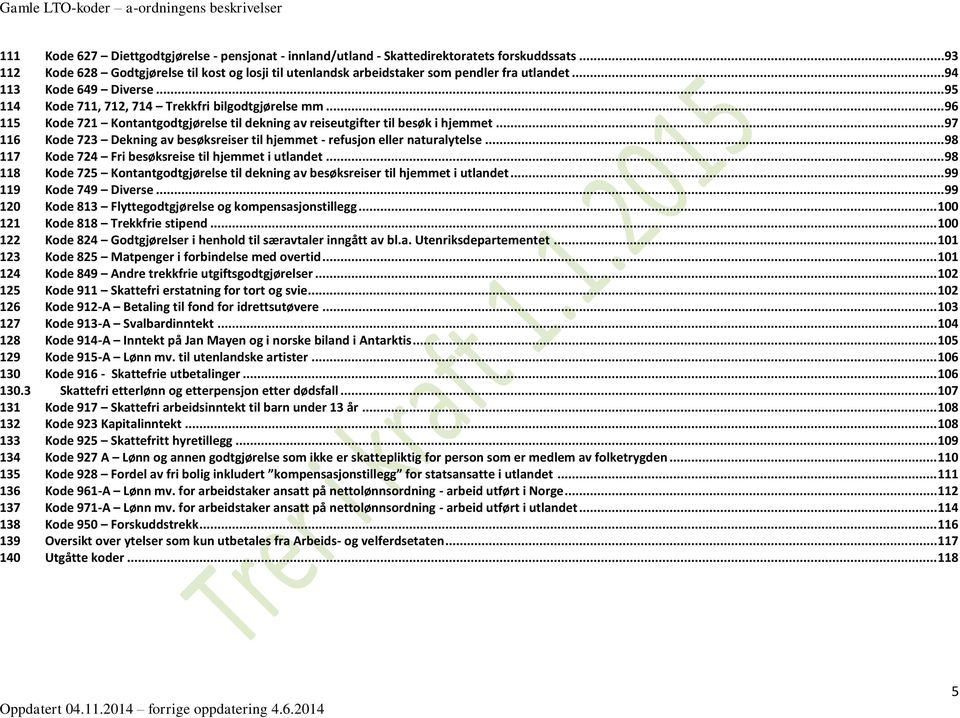 .. 97 116 Kode 723 Dekning av besøksreiser til hjemmet - refusjon eller naturalytelse... 98 117 Kode 724 Fri besøksreise til hjemmet i utlandet.