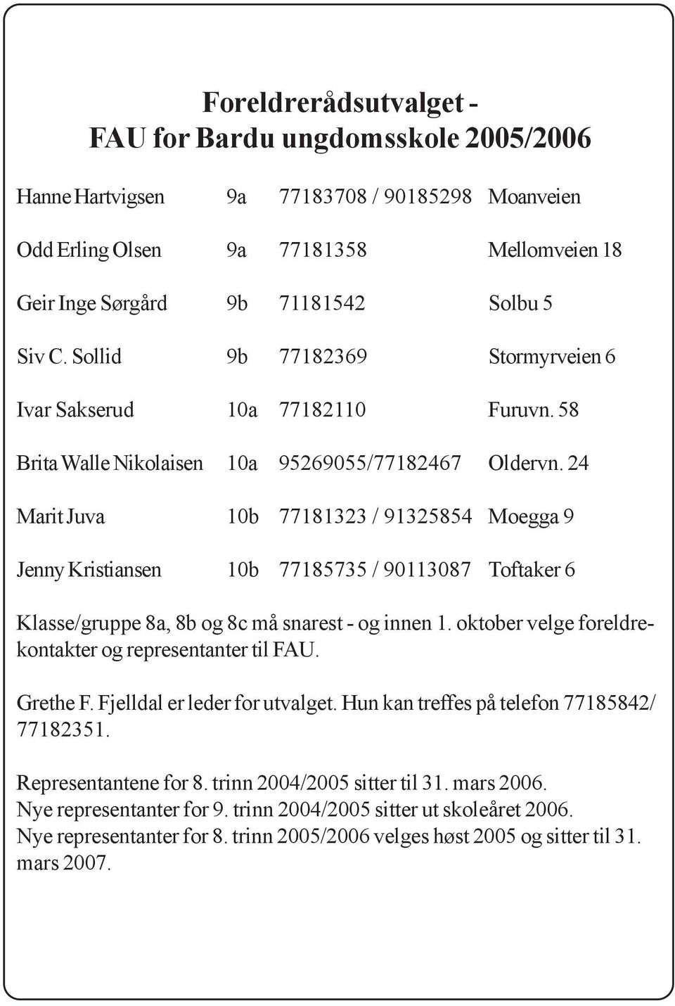 24 Marit Juva 10b 77181323 / 91325854 Moegga 9 Jenny Kristiansen 10b 77185735 / 90113087 Toftaker 6 Klasse/gruppe 8a, 8b og 8c må snarest - og innen 1.