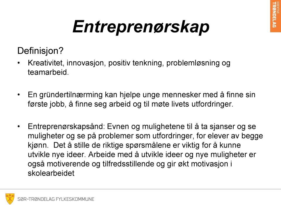 Entreprenørskapsånd: Evnen og mulighetene til å ta sjanser og se muligheter og se på problemer som utfordringer, for elever av begge kjønn.