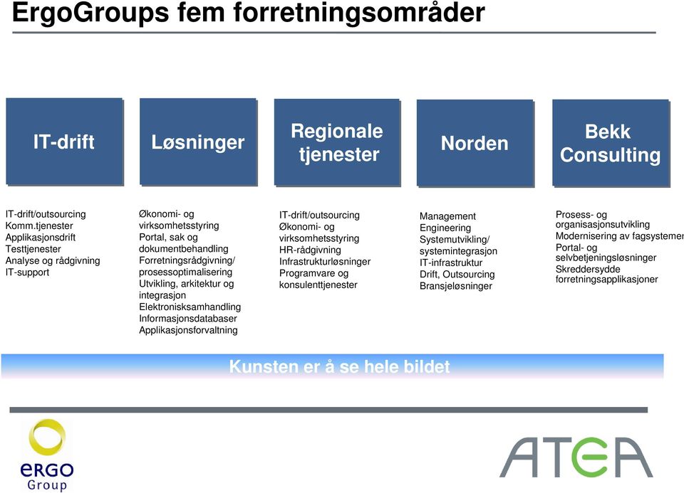 arkitektur og integrasjon Elektronisksamhandling Informasjonsdatabaser Applikasjonsforvaltning IT-drift/outsourcing Økonomi- og virksomhetsstyring HR-rådgivning Infrastrukturløsninger Programvare og