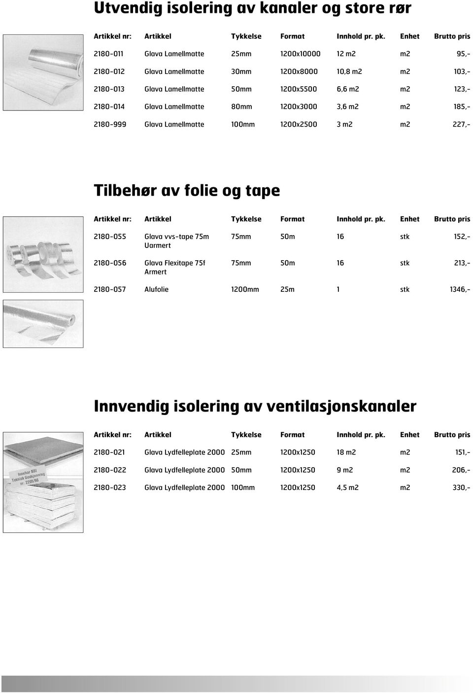 vvs-tape 75m 75mm 50m 16 stk 152,- Uarmert 2180-056 Glava Flexitape 75f 75mm 50m 16 stk 213,- Armert 2180-057 Alufolie 1200mm 25m 1 stk 1346,- Innvendig isolering av ventilasjonskanaler