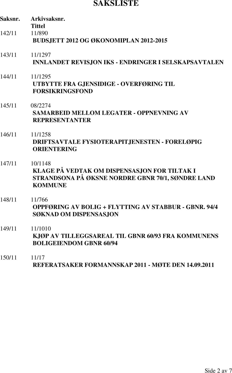 FORSIKRINGSFOND 145/11 08/2274 SAMARBEID MELLOM LEGATER - OPPNEVNING AV REPRESENTANTER 146/11 11/1258 DRIFTSAVTALE FYSIOTERAPITJENESTEN - FORELØPIG ORIENTERING 147/11 10/1148 KLAGE PÅ