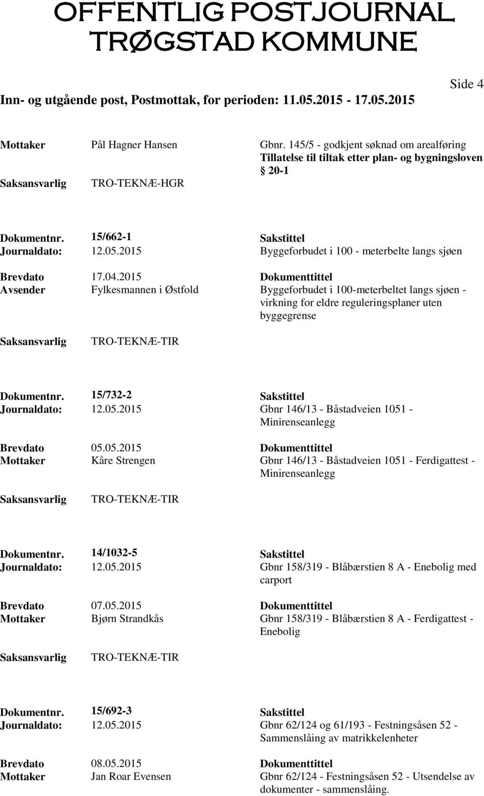 2015 Dokumenttittel Avsender Fylkesmannen i Østfold Byggeforbudet i 100-meterbeltet langs sjøen - virkning for eldre reguleringsplaner uten byggegrense TRO-TEKNÆ-TIR Dokumentnr.