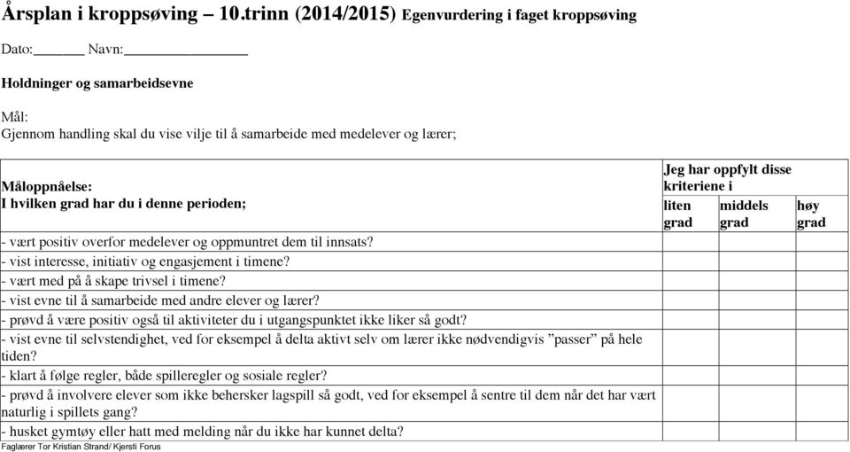 grad har du i denne perioden; - vært positiv overfor medelever og oppmuntret dem til innsats? - vist interesse, initiativ og engasjement i timene? - vært med på å skape trivsel i timene?