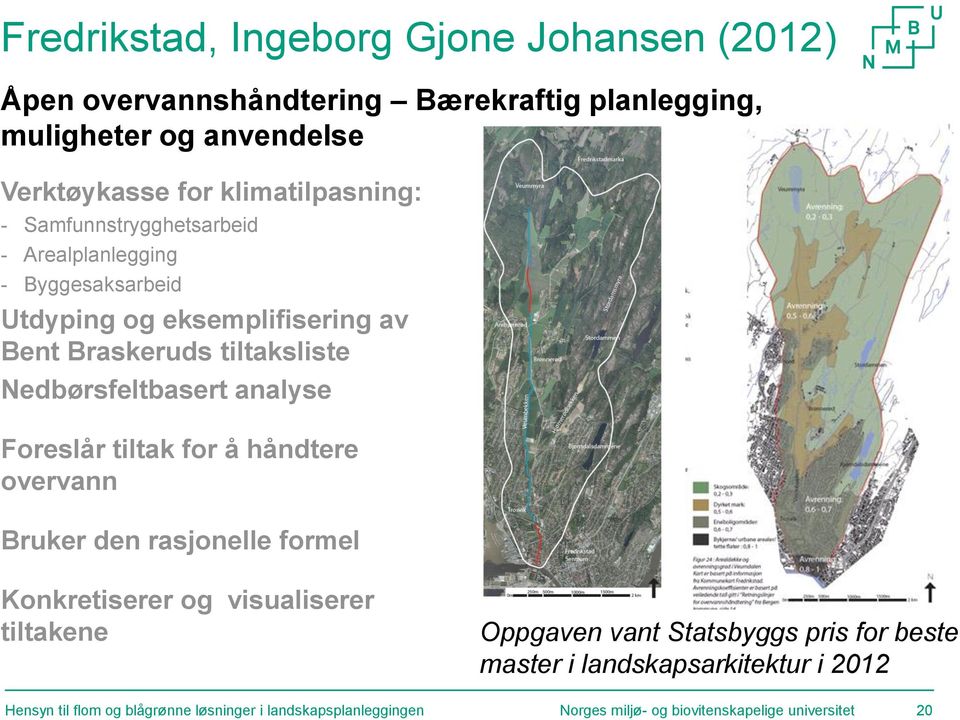 Nedbørsfeltbasert analyse Foreslår tiltak for å håndtere overvann Bruker den rasjonelle formel Konkretiserer og visualiserer tiltakene Oppgaven vant