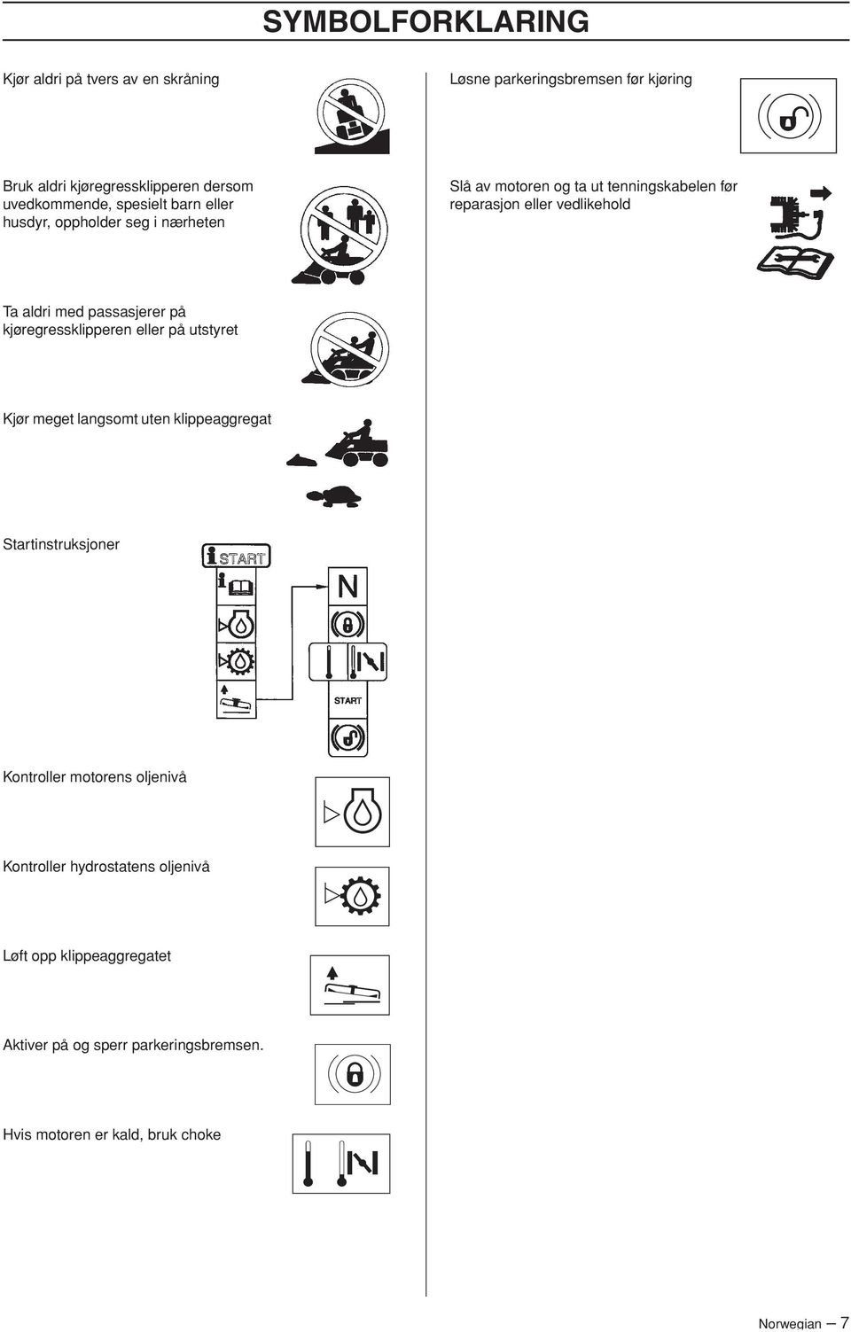 passasjerer på kjøregressklipperen eller på utstyret Kjør meget langsomt uten klippeaggregat Startinstruksjoner Kontroller motorens oljenivå