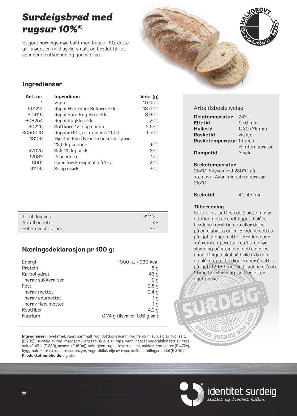 250 L 1 500 18109 Hjerter-Ess flytende bakemargarin 23,5 kg kanner 400 47025 Salt 25 kg sekk 350 87 Procedura 170 8001 Gjær fersk original blå 1 kg 200 41106 Sirup mørk 300 Arbeidsbeskrivelse