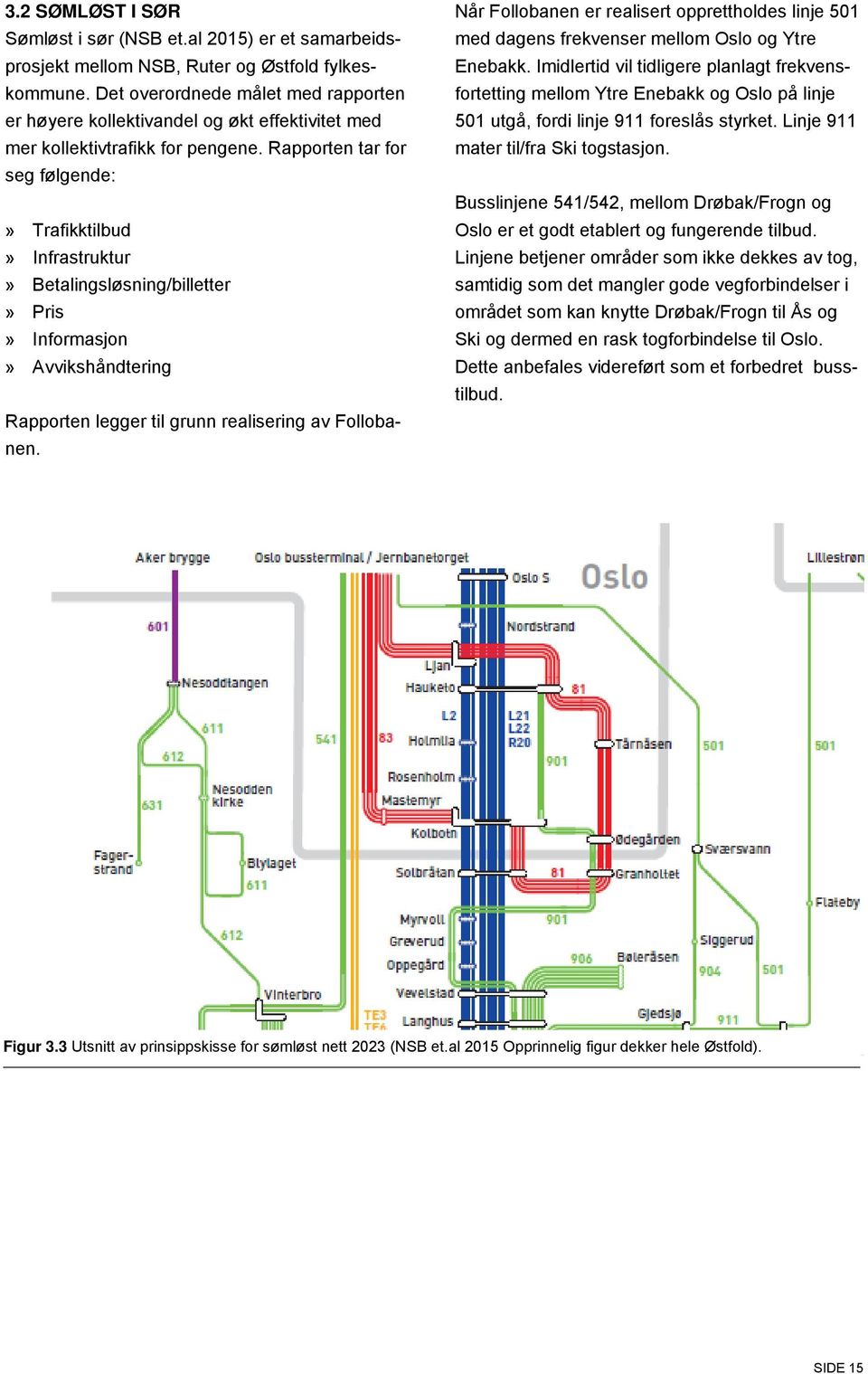 Rapporten tar for seg følgende:» Trafikktilbud» Infrastruktur» Betalingsløsning/billetter» Pris» Informasjon» Avvikshåndtering Rapporten legger til grunn realisering av Follobanen.