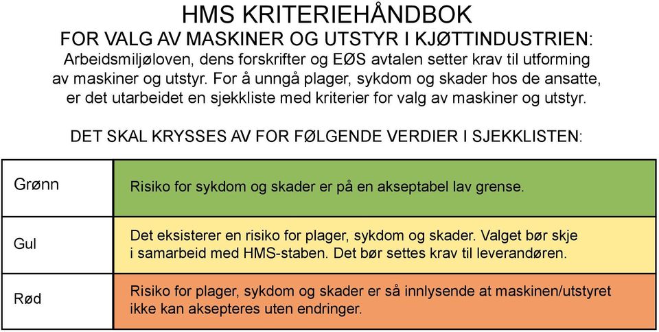 DET SKAL KRYSSES AV FOR FØLGENDE VERDIER I SJEKKLISTEN: Grønn Risiko for sykdom og skader er på en akseptabel lav grense.