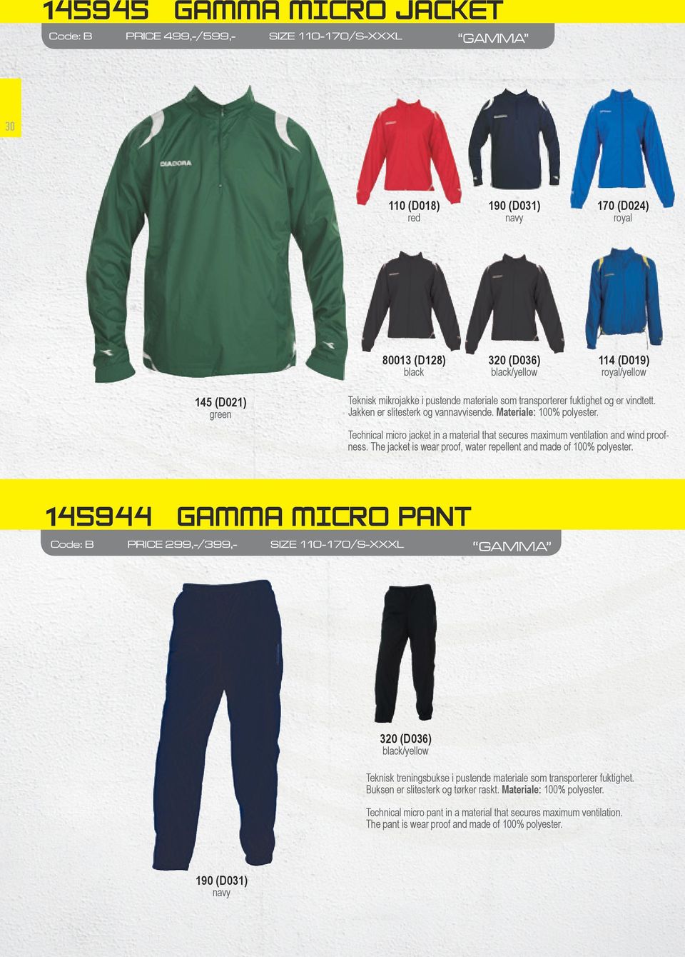 The jacket is wear proof, water repellent and made of 100% polyester.