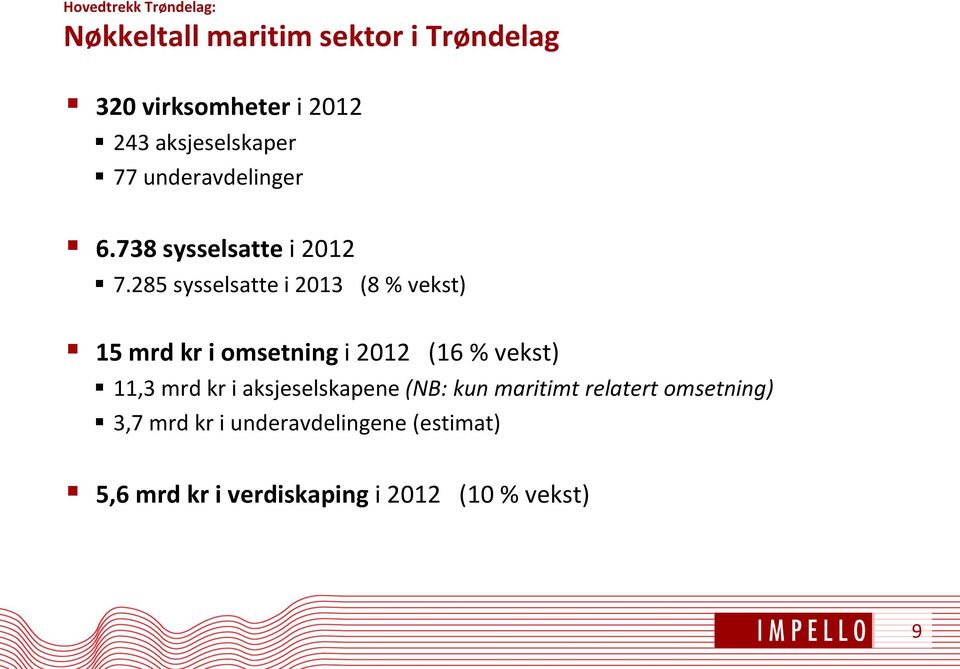 285 sysselsatte i 2013 (8 % vekst) 15 mrd kr i omsetning i 2012 (16 % vekst) 11,3 mrd kr i