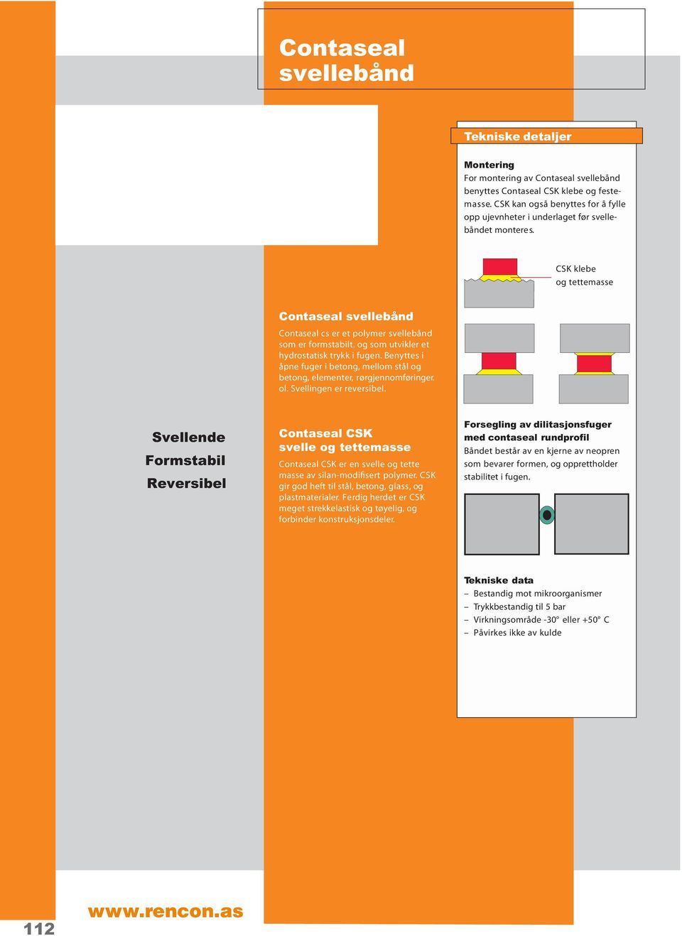 CSK klebe og tettemasse Contaseal svellebånd Contaseal cs er et polymer svellebånd som er formstabilt, og som utvikler et hydrostatisk trykk i fugen.
