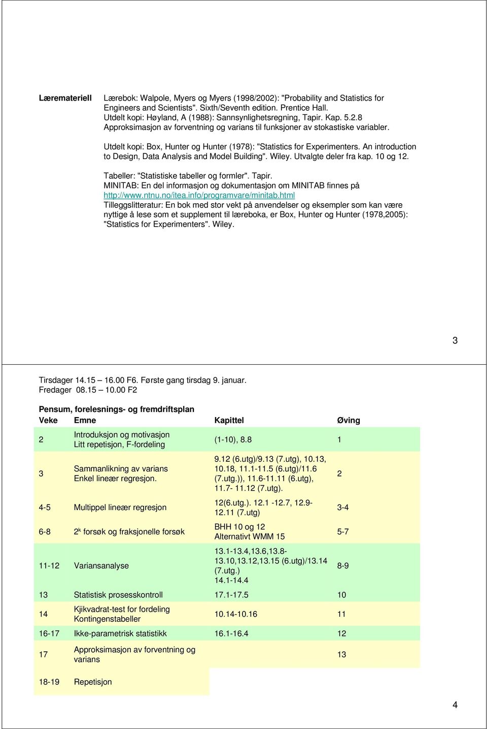 Utdelt kopi: Box, Hunter og Hunter (1978): "Statistics for Experimenters. An introduction to Design, Data Analysis and Model Building". Wiley. Utvalgte deler fra kap. 10 og 12.