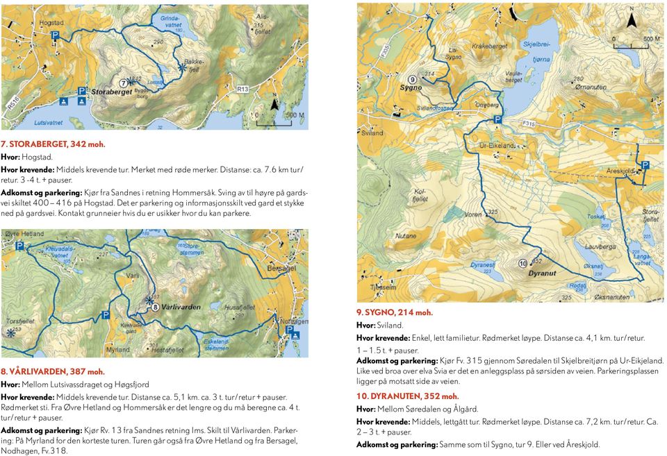 Kontakt grunneier hvis du er usikker hvor du kan parkere. 8. VÅRLIVARDEN, 387 moh. Hvor: Mellom Lutsivassdraget og Høgsfjord Hvor krevende: Middels krevende tur. Distanse ca. 5,1 km. ca. 3 t.