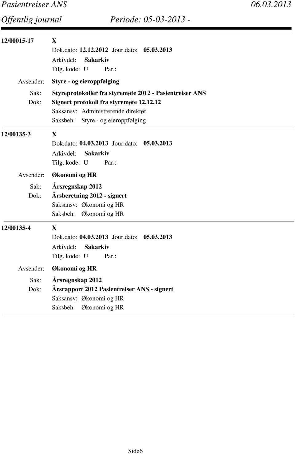 - Pasientreiser ANS Signert protokoll fra styremøte 12.12.12 Saksansv: Administrerende direktør Saksbeh: Styre - og eieroppfølging 12/00135-3 X Dok.