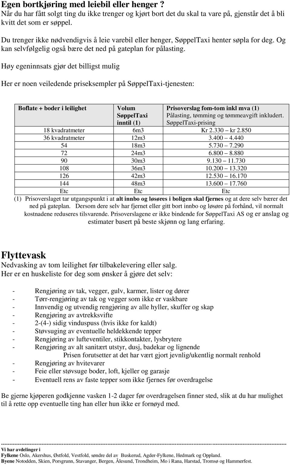 Høy egeninnsats gjør det billigst mulig Her er noen veiledende priseksempler på SøppelTaxi-tjenesten: Boflate + boder i leilighet Volum SøppelTaxi inntil (1) Prisoverslag fom-tom inkl mva (1)