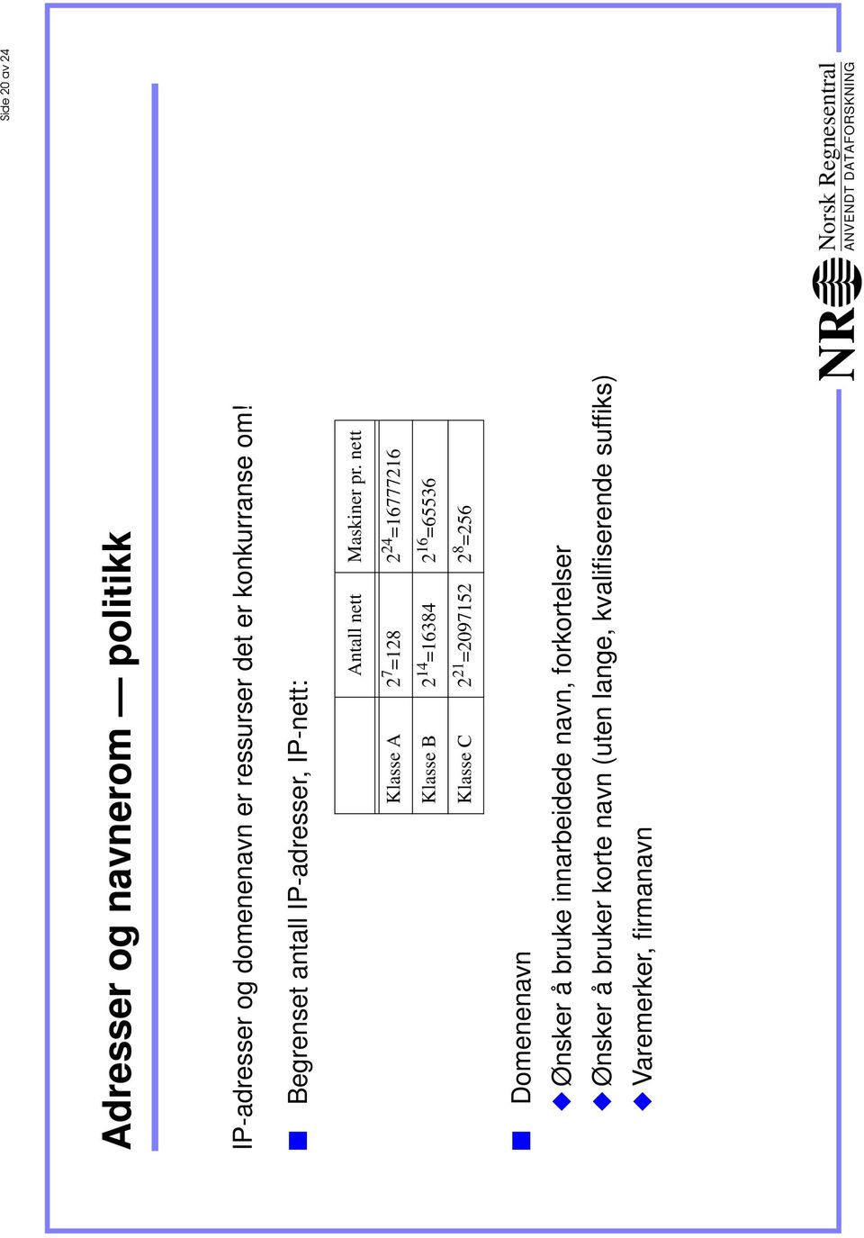 nett Klasse A 2 7 =128 2 24 =16777216 Klasse B 2 14 =16384 2 16 =65536 Klasse C 2 21 =2097152 2 8