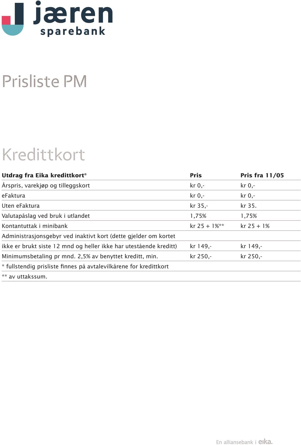 Valutapåslag ved bruk i utlandet 1,75% 1,75% Kontantuttak i minibank kr 25 + 1%** kr 25 + 1% Administrasjonsgebyr ved inaktivt kort (dette