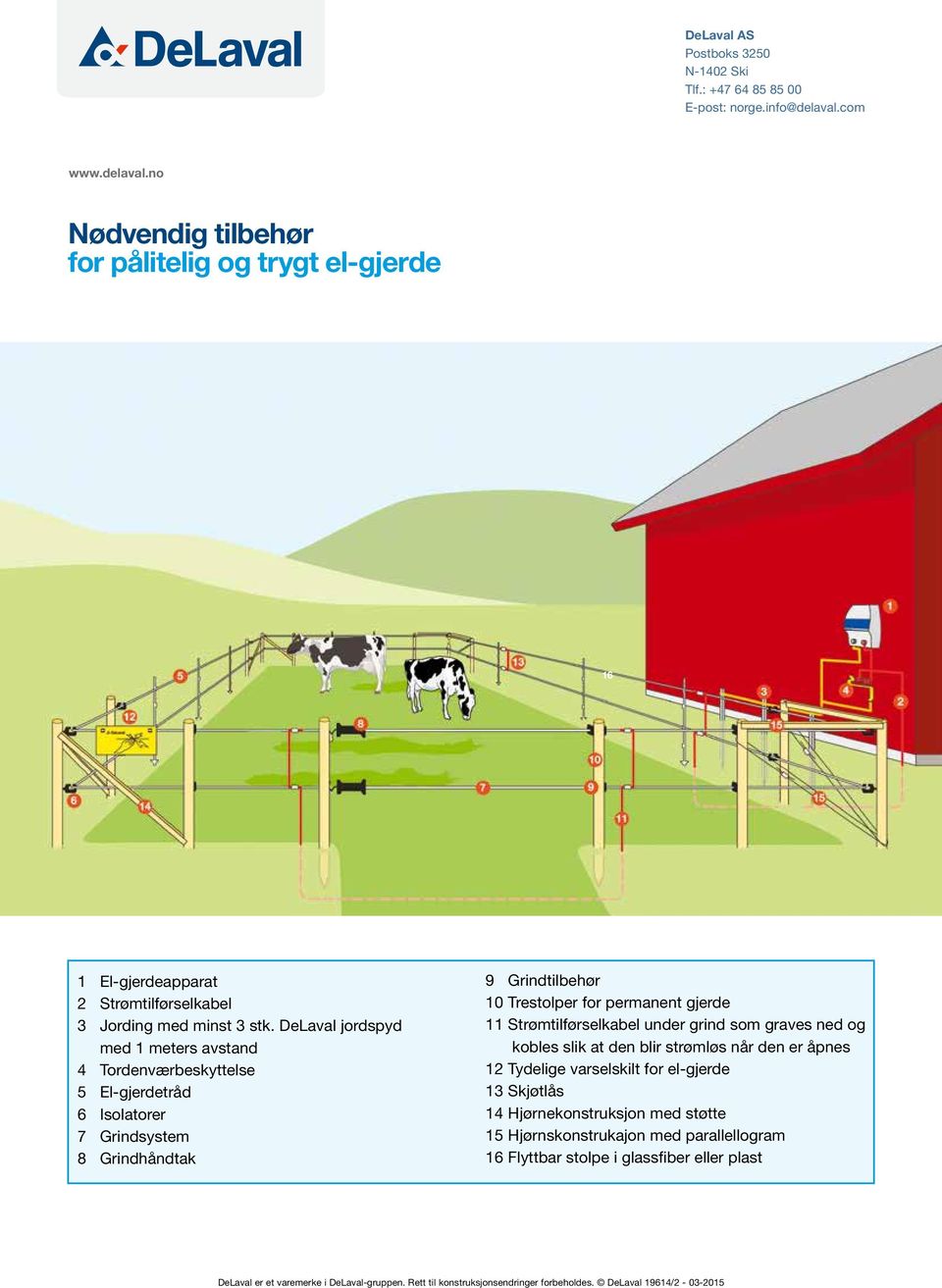 DeLaval jordspyd med 1 meters avstand 4 Tordenværbeskyttelse 5 El-gjerdetråd 6 Isolatorer 7 Grindsystem 8 Grindhåndtak 9 Grindtilbehør 10 Trestolper for permanent gjerde 11 Strømtilførselkabel