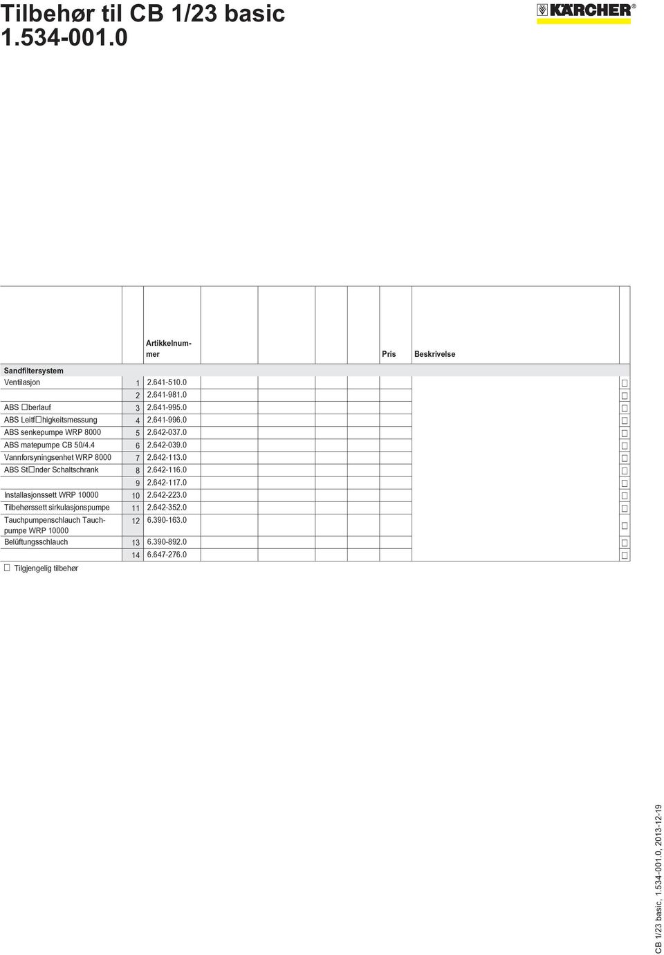 0 ABS Stnder Schaltschrank 8 2.642-116.0 9 2.642-117.0 Installasjonssett WRP 10000 10 2.642-223.