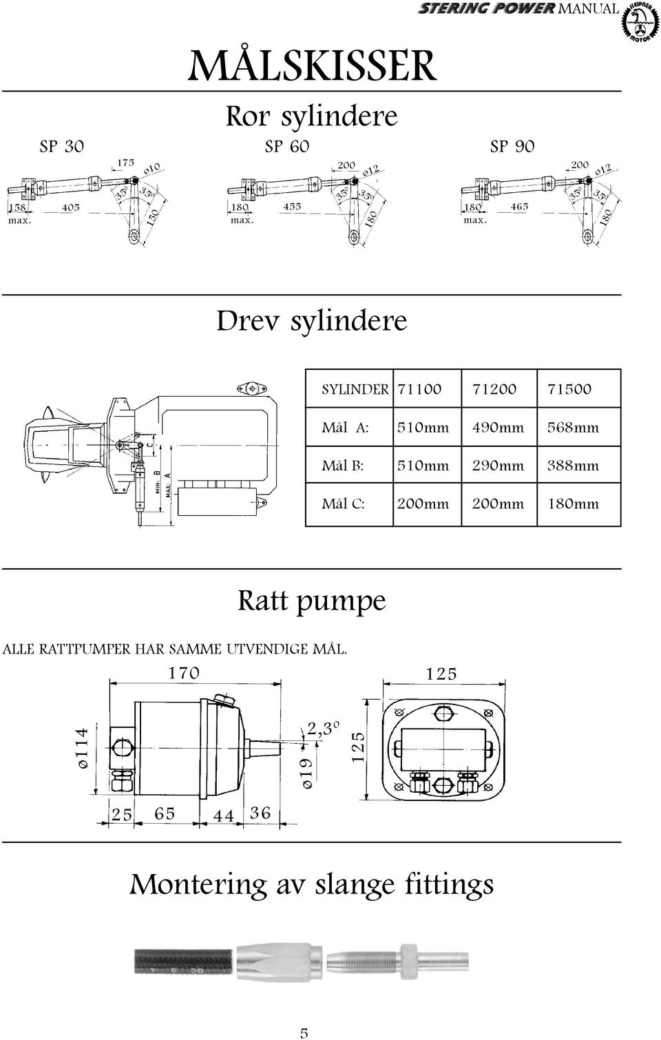 465 Drev sylindere SYLINDER 71100 71200 71500 Mål A: 510mm 490mm 568mm Mål B: 510mm