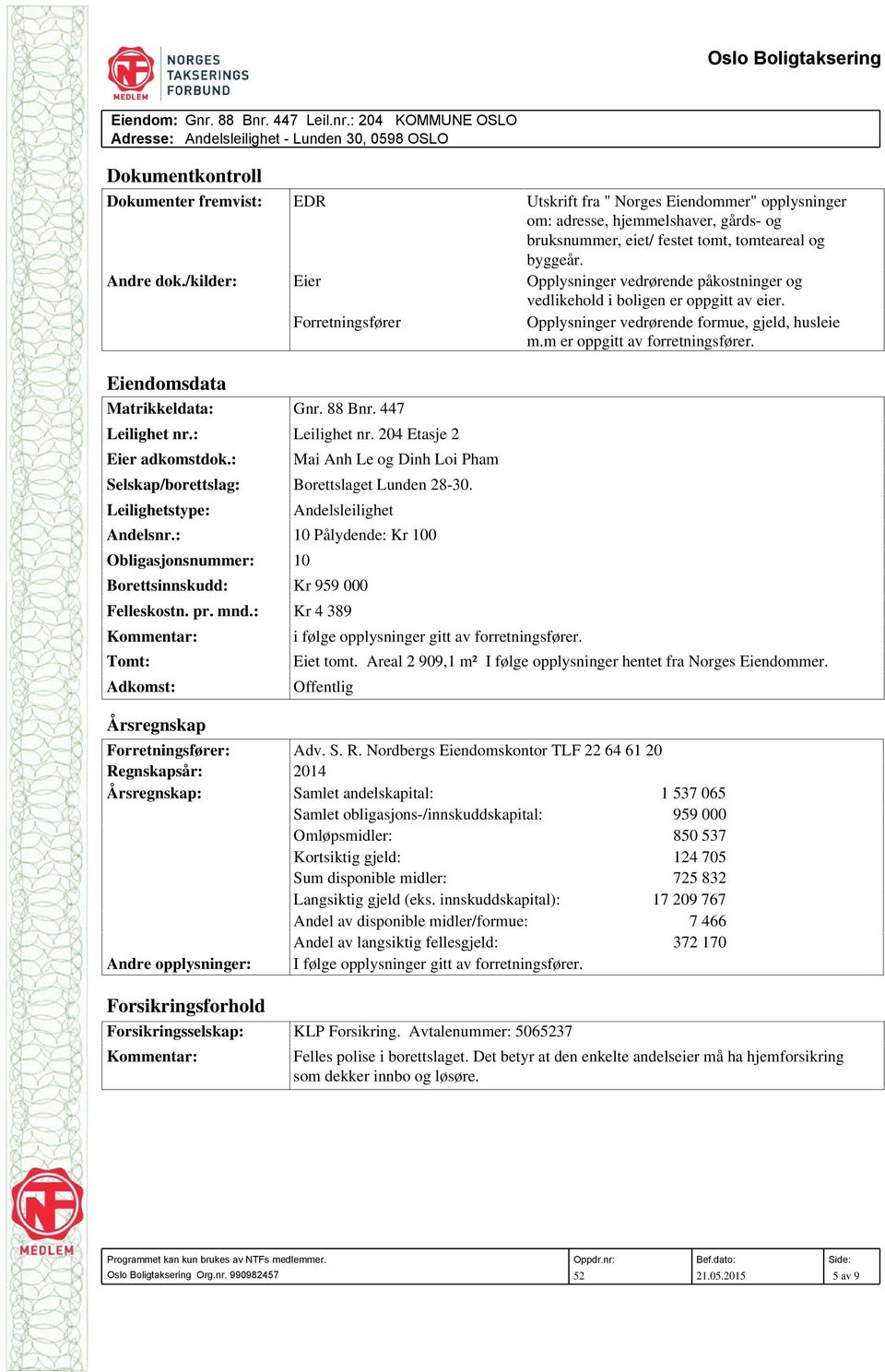 Eiendomsdata Matrikkeldata: Gnr. 88 Bnr. 447 Leilighet nr.: Leilighet nr. 204 Etasje 2 Eier adkomstdok.: Mai Anh Le og Dinh Loi Pham Selskap/borettslag: Borettslaget Lunden 28-30.