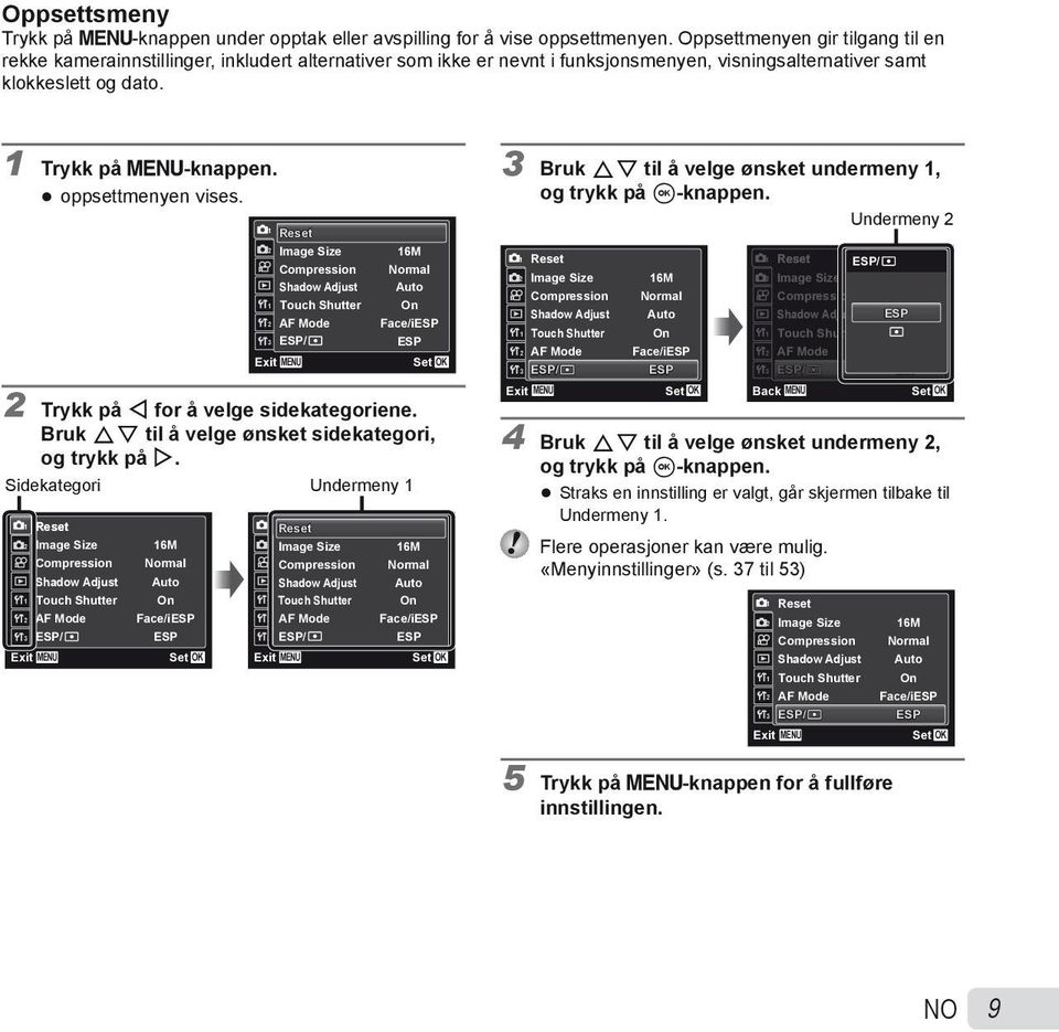 oppsettmenyen vises. 1 Reset 2 Image Size Compression Shadow Adjust 1 Touch Shutter 2 AF Mode 3 ESP/ Exit MENU 16M Normal Auto On Face/iESP ESP Set OK 2 Trykk på H for å velge sidekategoriene.